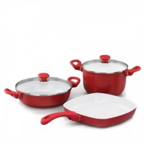 Korkmaz Seravita 3'lü Seramik Tencere Seti-Kırmızı